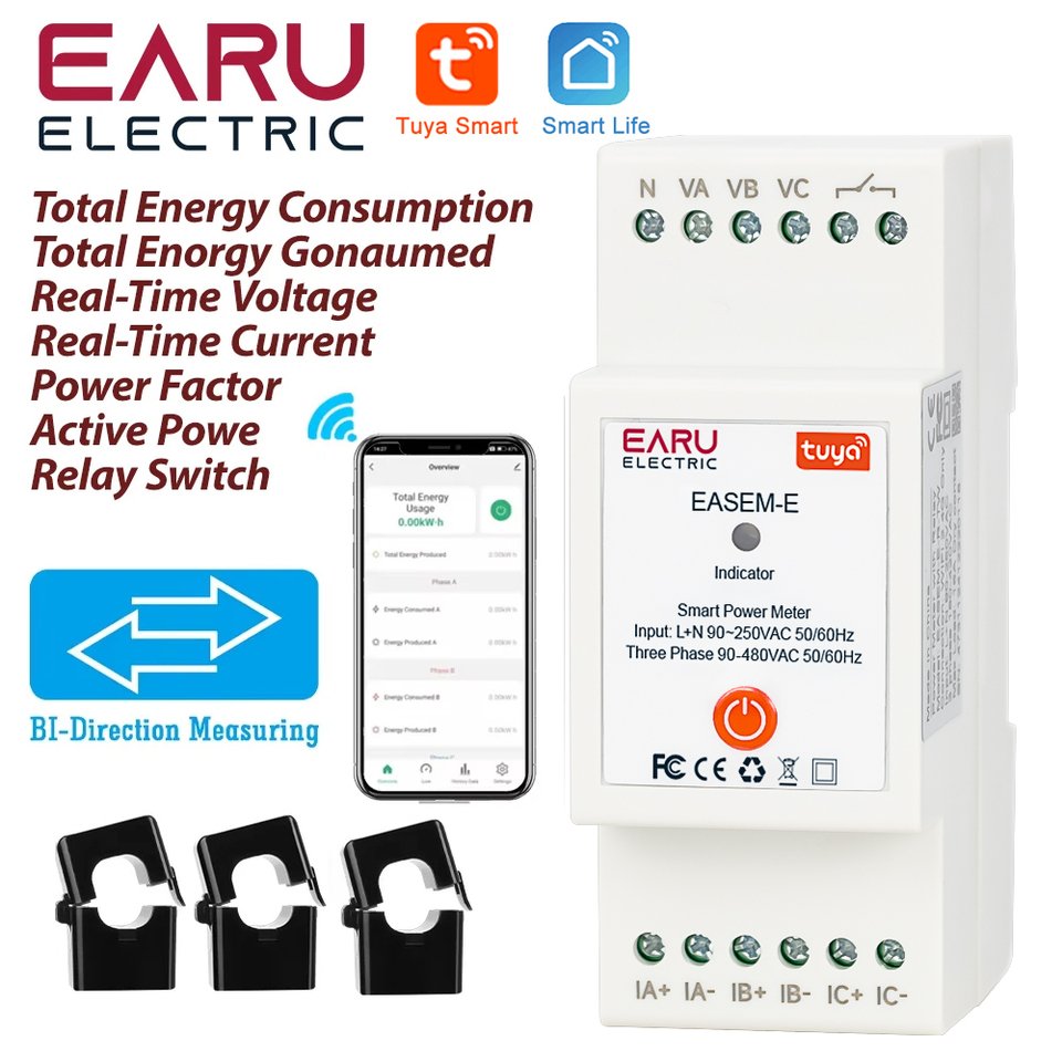 

EARUELECTRIC Tuya Wi-Fi умный измеритель мощности 3 фазы 80A