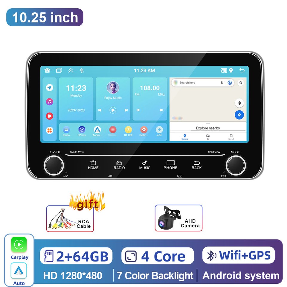 

Автомагнитола Podofo универсальная, 2 + 64 ГБ, 10,25 дюйма, GPS