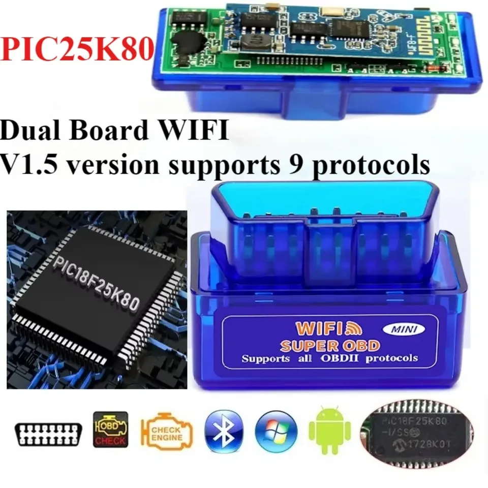

ELM327 V1.5 двойная печатная плата PIC18F25K80 чип Bluetooth WIFI v1.5 автоматический считыватель кодов OBD2 сканер универсальный диагностический инструмент Android IOS