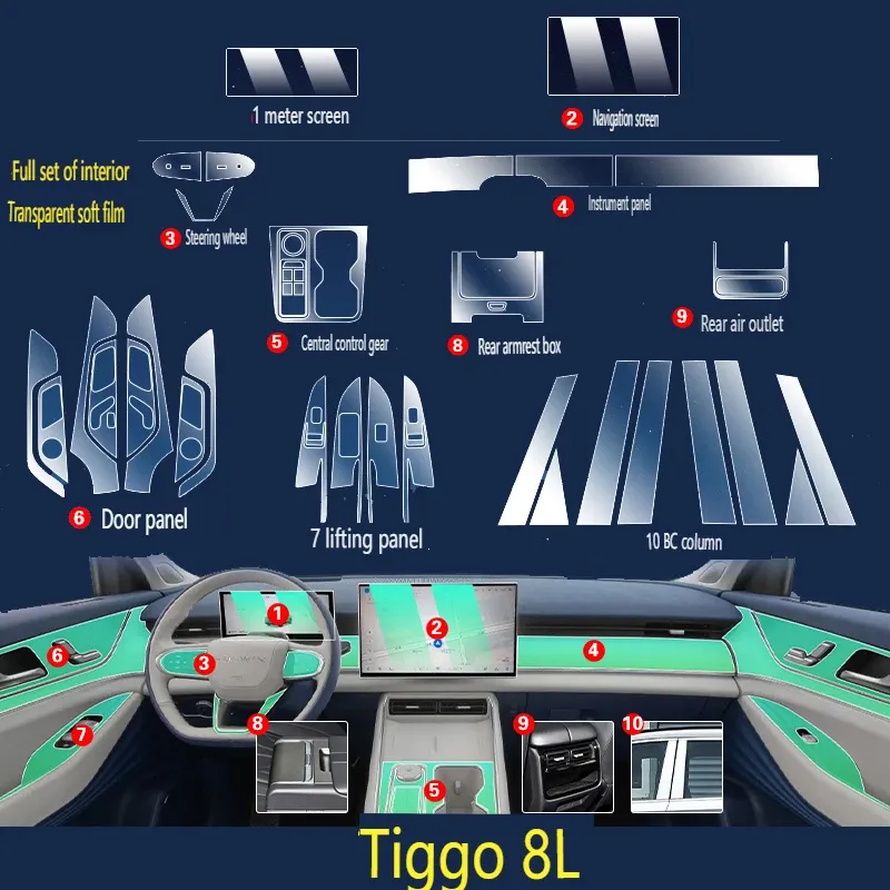 

Прозрачная пленка из ТПУ для Chery Tiggo 8L 2024, защитная пленка для салона автомобиля, наклейка, центральный экран управления, дверь, автомобильные аксессуары