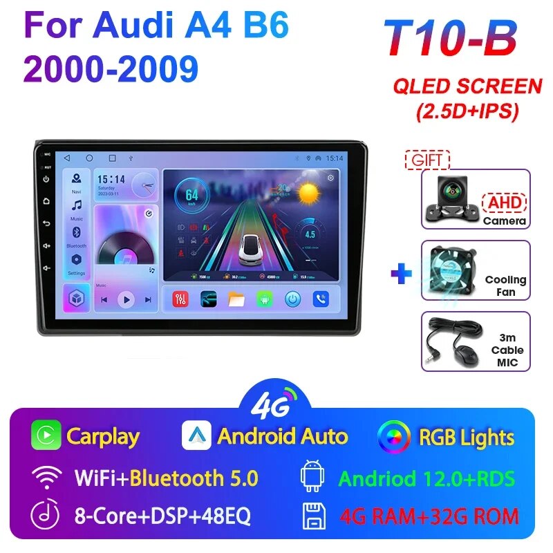

JMCQ Android 12 для Audi A4 B6 2000-2009 Автомагнитола Автомобильный мультимедийный видеоплеер CarPlay GPS 2 Din Навигация стерео головное устройство