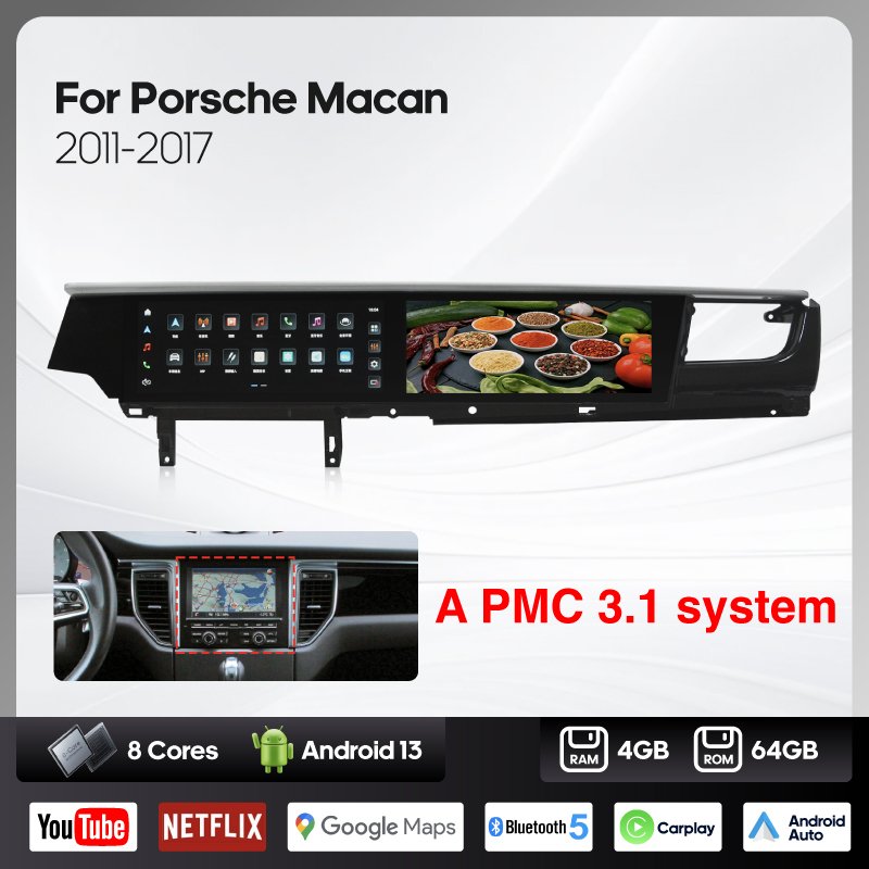 

12,3-дюймовый двойной экран Android 13 для Porsche Macan 2011-2017, автомобильный мультимедийный видеоплеер, GPS-навигация, радио Carplay 4G Auto 360