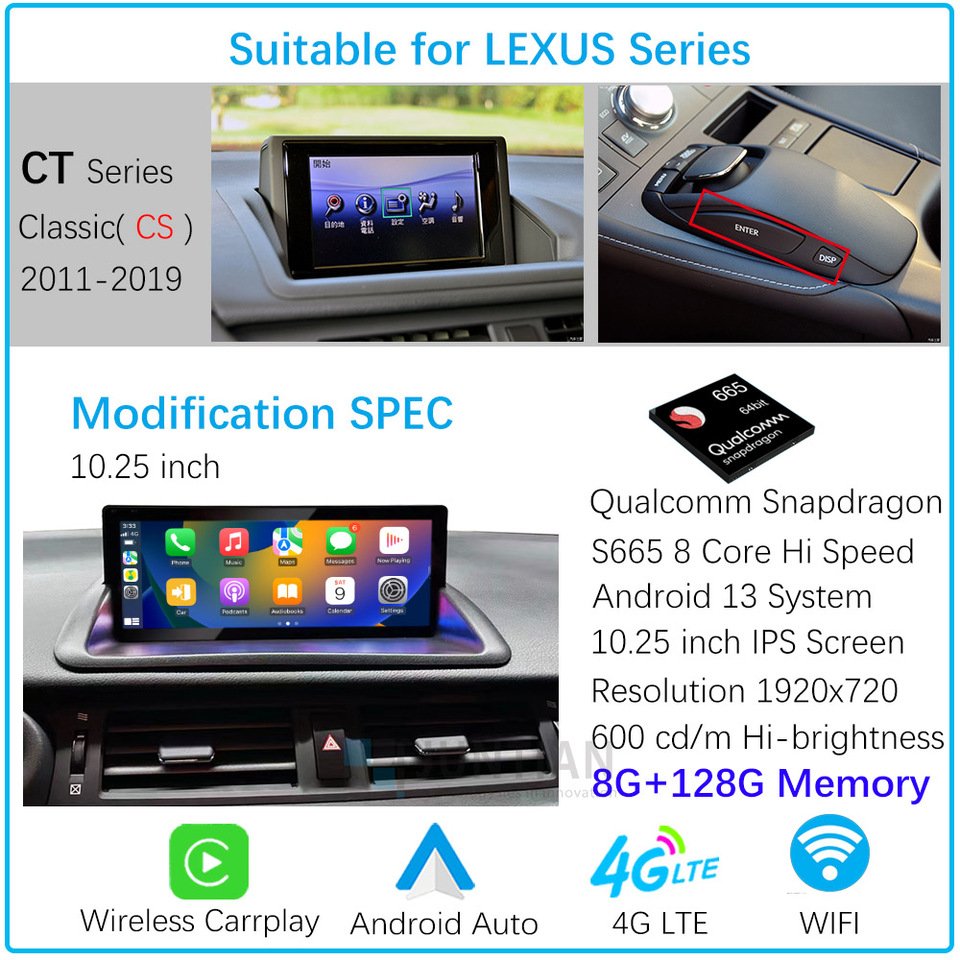 

Для Lexus CT 200 200h 2011-2019 Qualcomm чипы Android 13 автомобильная навигация GPS мультимедиа Carplay Auto HD экран плеер