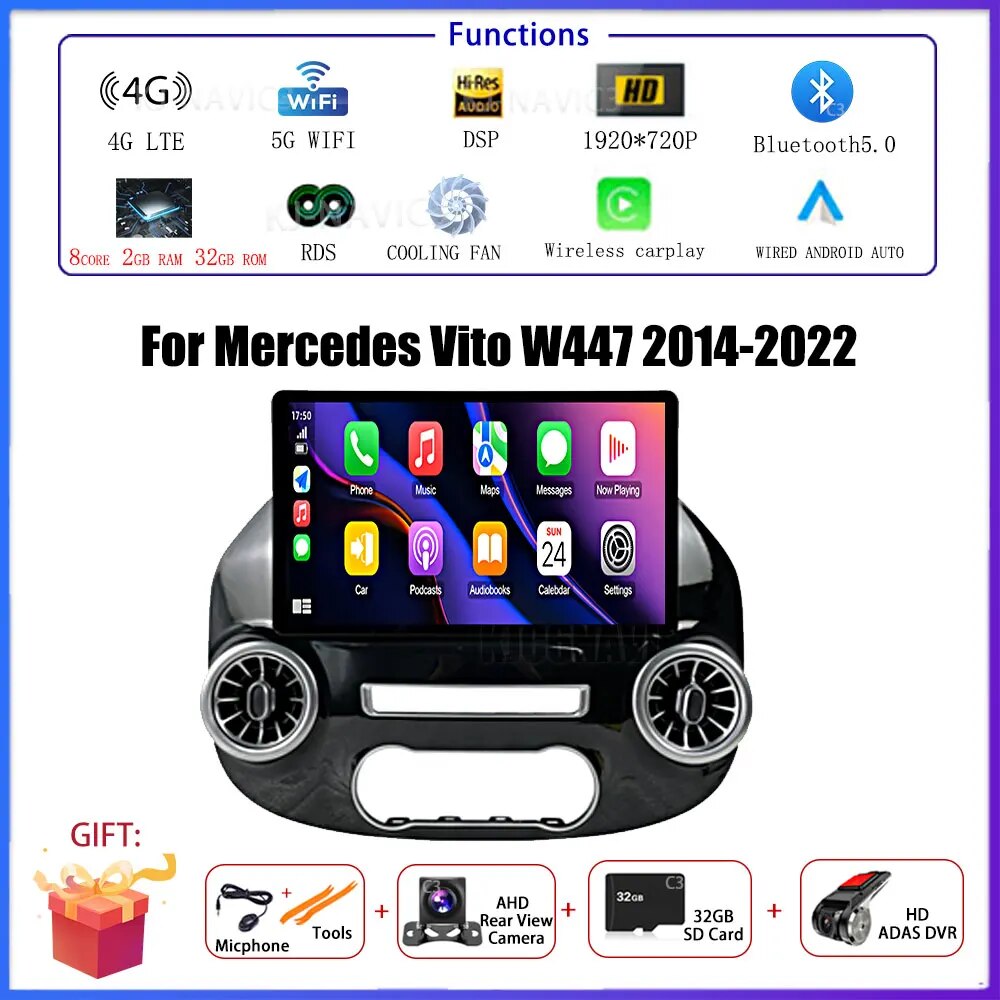 

13,1-дюймовый автомобильный радиоприемник Android 14 для Benz Vito W447 2014-2022, стереоприемник, GPS-навигация, DSP, видеокарплее, без 2DIN DVD