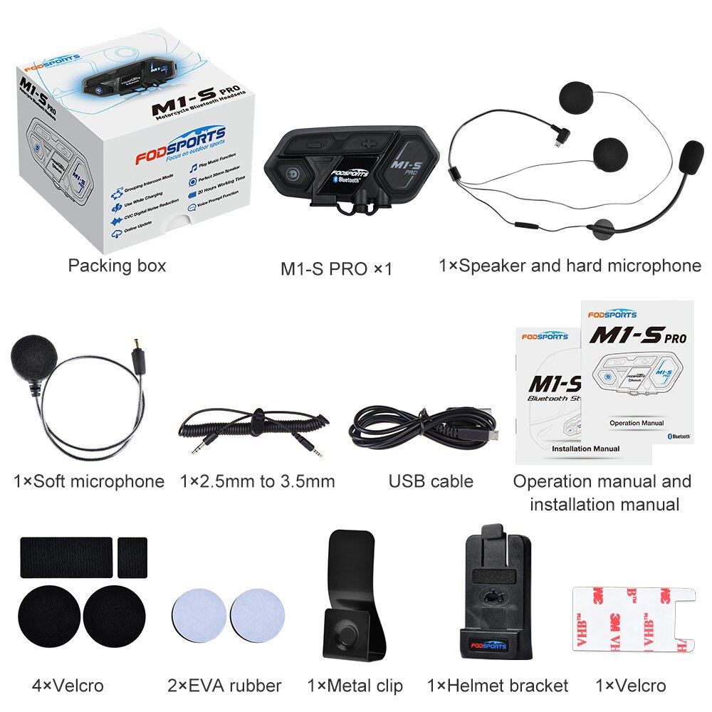 

Fodsports M1S Pro Bluetooth-гарнитура для шлема Мотоциклетный домофон 8 гонщиков 2000 м Водонепроницаемый беспроводной Intercomunicador Moto FM-радио