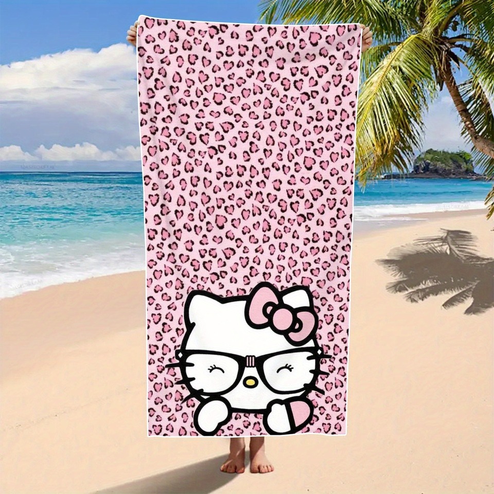 

Пляжное полотенце Hello Kitty с розовым сердечком и леопардовым принтом: веселье и стильное для вашего лета!, Полотенца, украшения для праздничных вечеринок