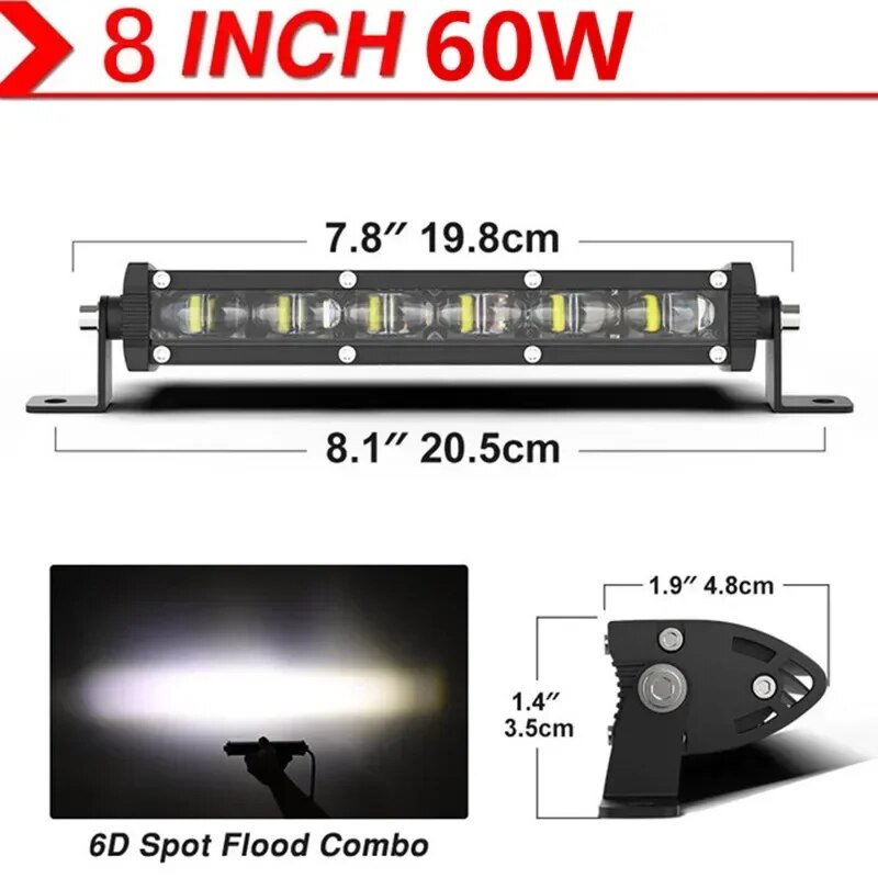 

6D Lens Super Slim Led Light Bar 60W 120W 180W Для автомобиля Трактор Suv Грузовик Лодка 4WD 4x4 Offroad ATV Светодиодные рабочие фонари Дальняя лампа