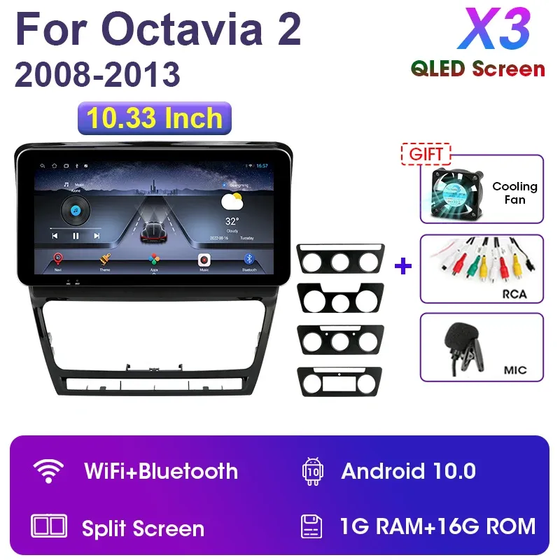 

Автомагнитола 2 Din на Android 11, мультимедийный видеоплеер 10,33 дюйма для SKODA Octavia 2 A5 2007 - 2014 QLED экран, стерео Carplay, авто 4G