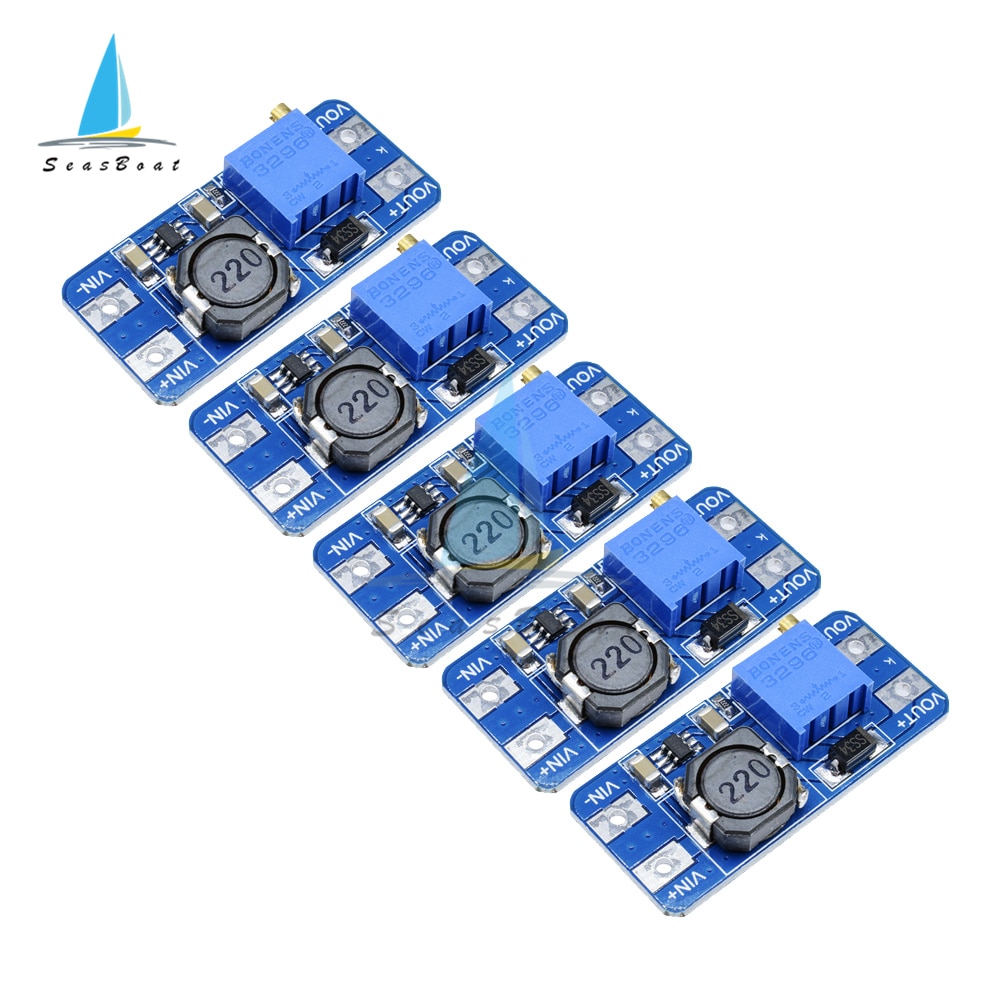 

Повышающий Модуль питания MT3608 DC-DC, 5 шт./лот, повышающая плата, максимальный выход 28 в, 2 А