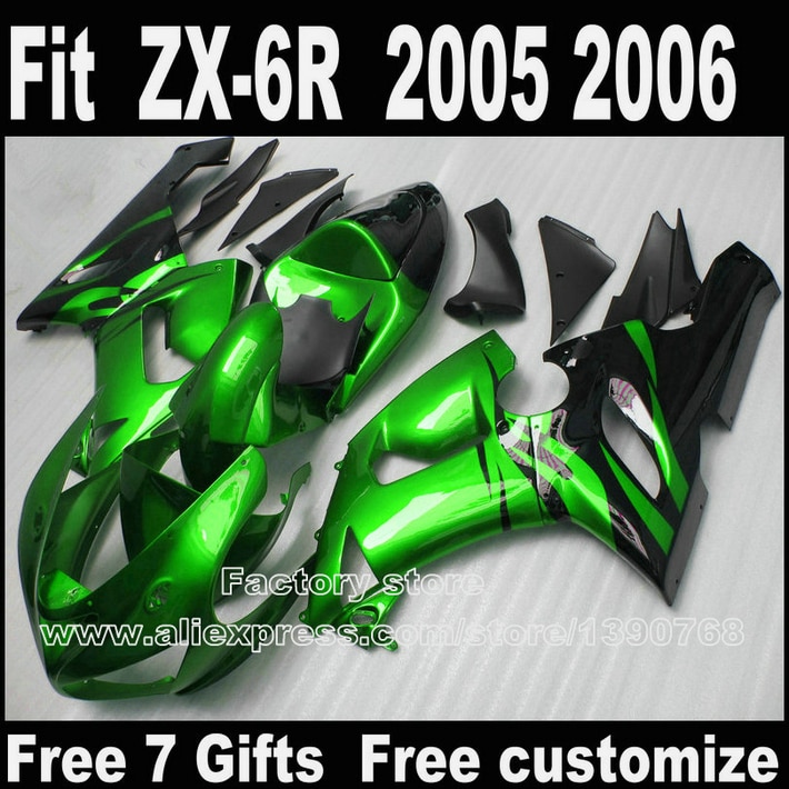

Комплект пластиковых обтекателей для Kawasaki ZX6R 2005 2006 ZX-6R 05 06 Ninja 636, комплект обтекателей зеленого и черного цвета LK68