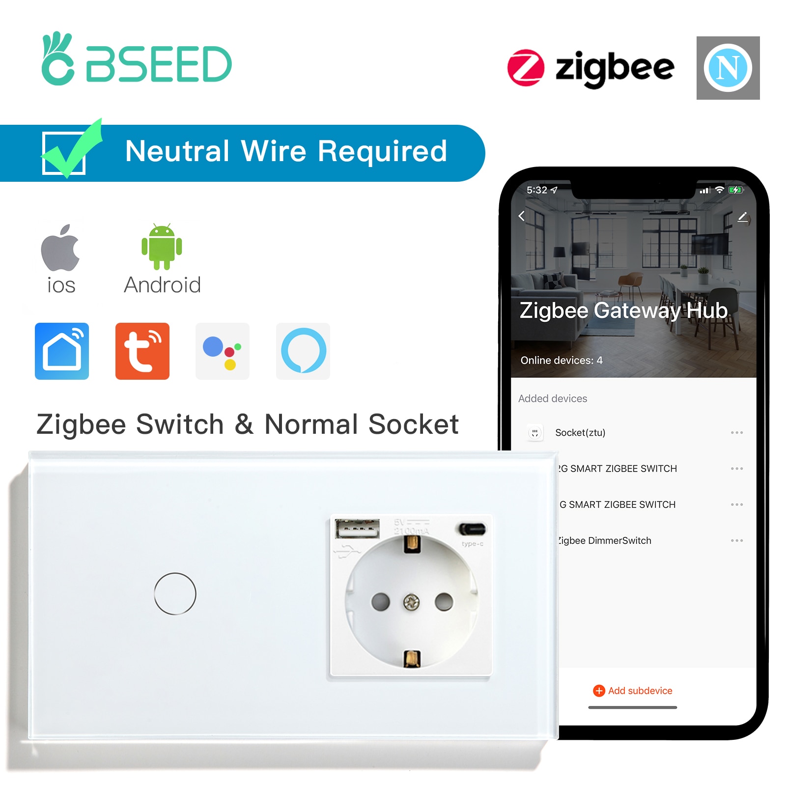 

Умный выключатель BSEED Zigbee 1/2/3 клавиш с розеткой USB Type-C