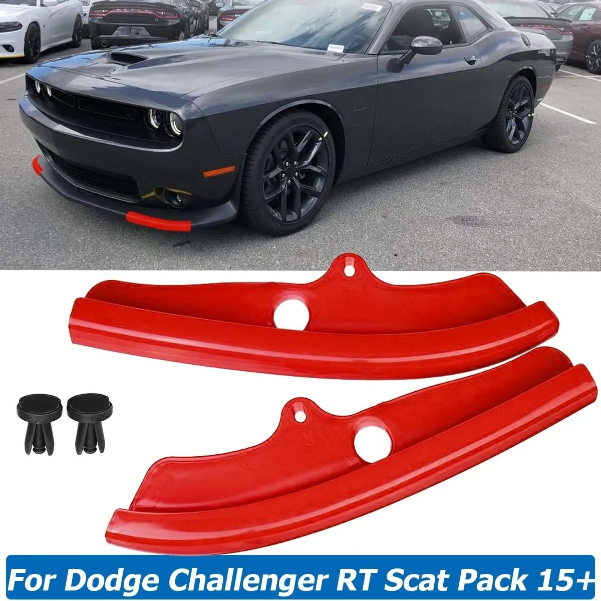 

2 шт./компл. для 2015-2022 Dodge Challenger RT Scat в упаковке, передний бампер, разветвитель губ, защитная крышка, сменная деталь, автомобильные аксессуары