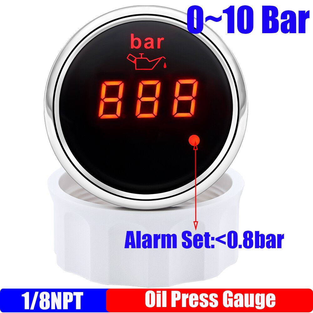 

Цифровой манометр масла 52 мм с мигающей сигнализацией, водонепроницаемый индикатор давления масла 0-10 бар для авто, лодки, 12 В, 24 В, на заказ