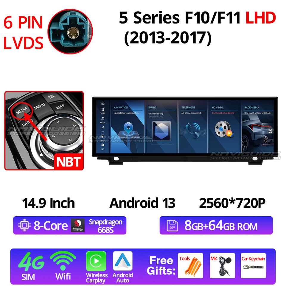 

NAVIGUIDE 14,9 дюйма Android 13 Беспроводной Carplay Auto для BMW 5 серии F10 LHD 2011-2017 CIC NBT Автомобильный GPS Navi Мультимедийный плеер BT