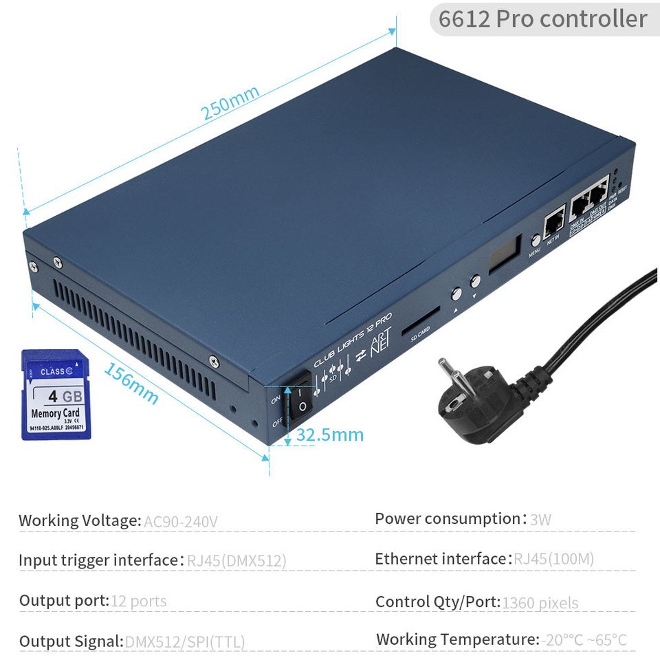 

Светодиодный контроллер, 12-портовые триггеры Artnet DMX512, выход 6612PRO, TTL, сигнализации данных SPI для полос TM1812, WS2811, US2903UCS9812, SM17512