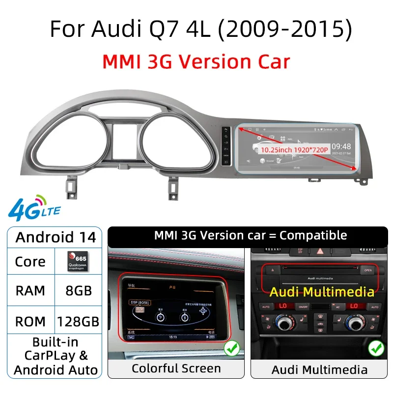 

Android 14 8 + 128 ГБ CarPlay для Audi Q7 4L 2005-2015 MMI 2G 3G GPS Автомобильный мультимедийный плеер Навигация Авто Радио Стерео DSP WIFI