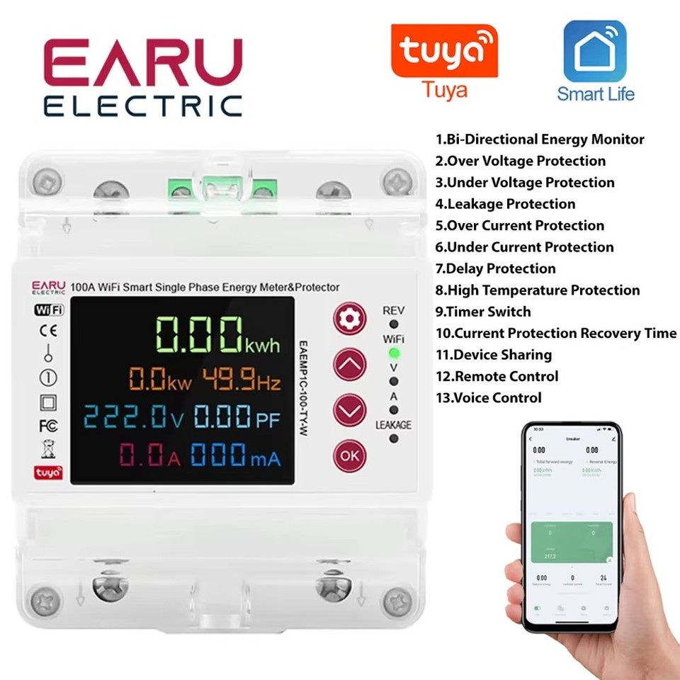 

EARUELECTRIC умный вольтметр-амперметр 2P 100A Tuya