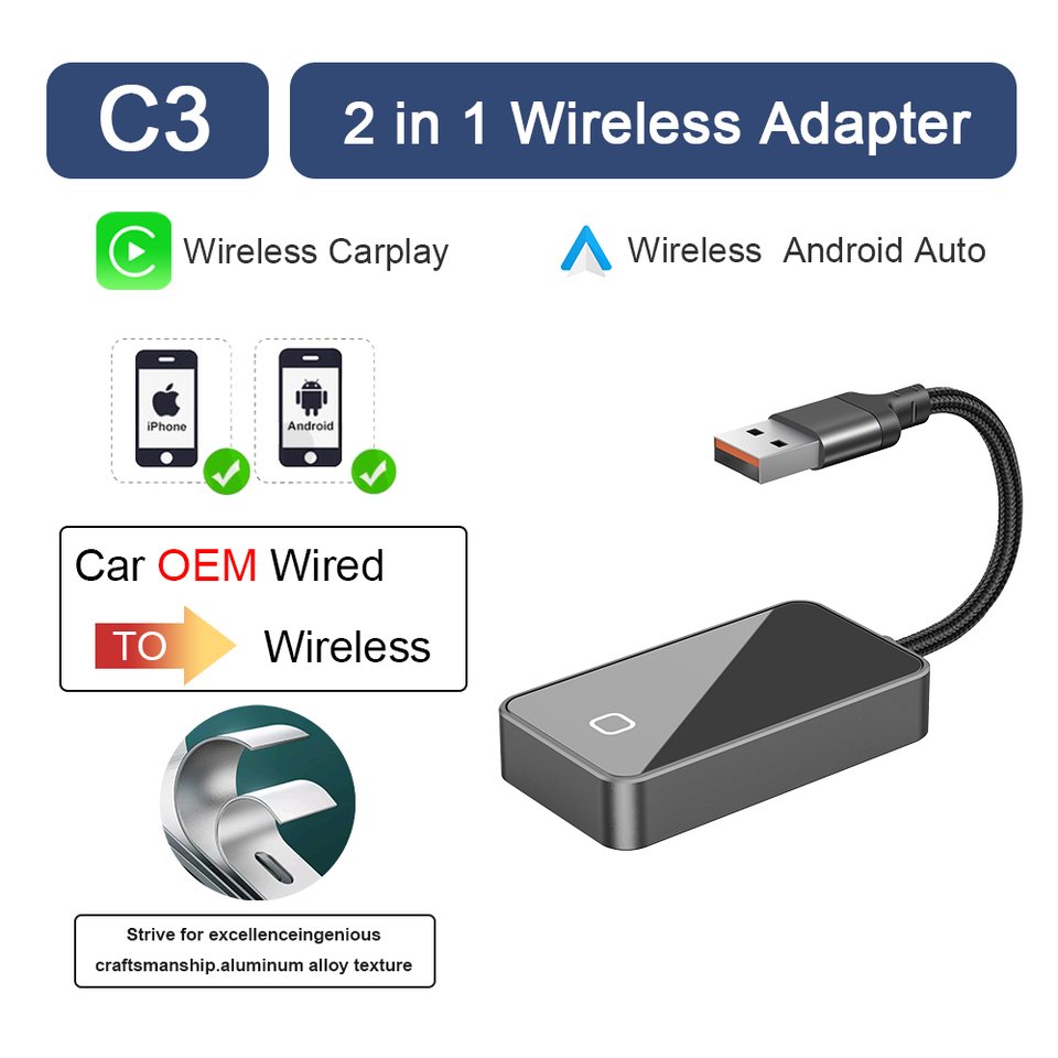 

Новый беспроводной Carplay 2025 и Android автоматическое подключение из алюминиевого сплава mini C3 USB plug and play Bluetooth WiFi автоматическое подключение