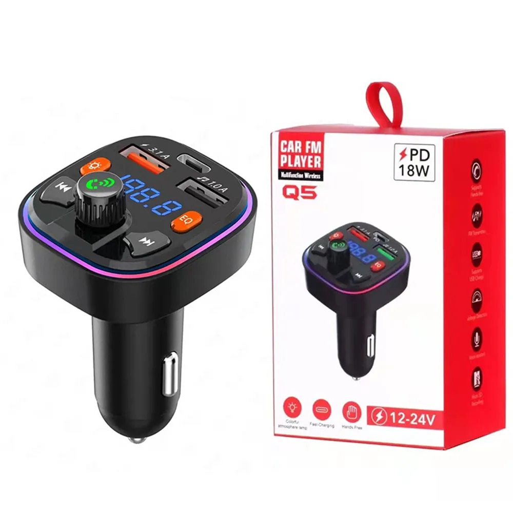 

Автомобильный Bluetooth прикуриватель радио FM-передатчик PD 18 Вт Type-C двойной USB 3.1A красочное зарядное устройство с окружающим освещением MP3-плеер
