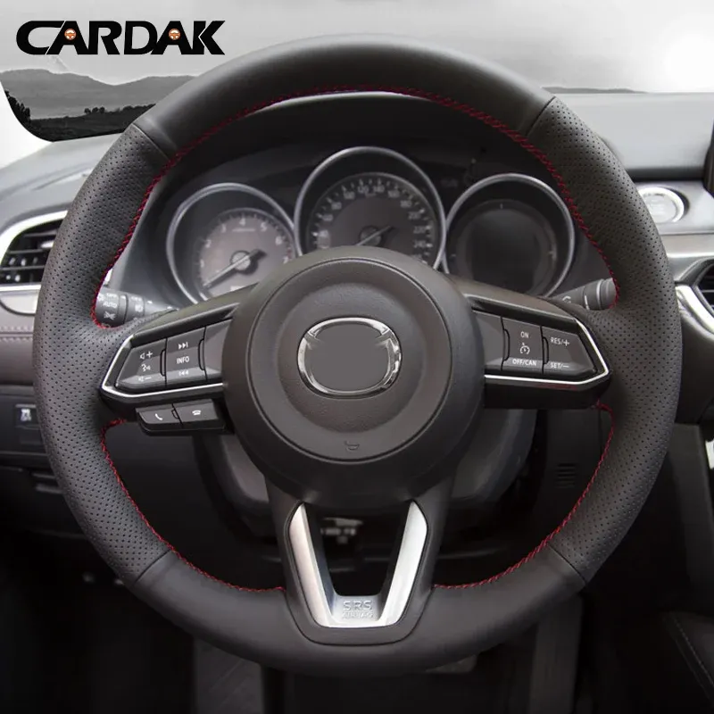 

CARDAK черный чехол на руль из искусственной кожи сшитый вручную для Mazda CX-3 CX3 CX-5 CX5 2017 2018, чехлы на руль автомобиля