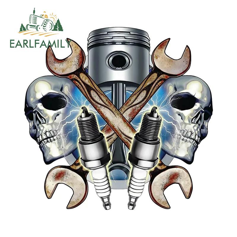 

EARLFAMILY 13 см x 12,6 см механические черепа и Свеча зажигания Настенная Наклейка 3D металлический дизайн автомобильные наклейки для окна бампера багажника JDM
