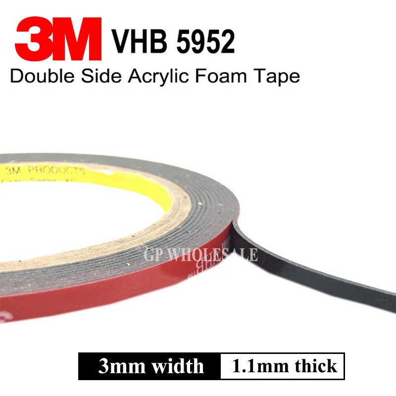 

3M VHB 5952 Черная сверхпрочная монтажная лента Двусторонняя клейкая лента из акриловой пены ширина 3 мм x 3 метра длина x 1,1 мм толщина