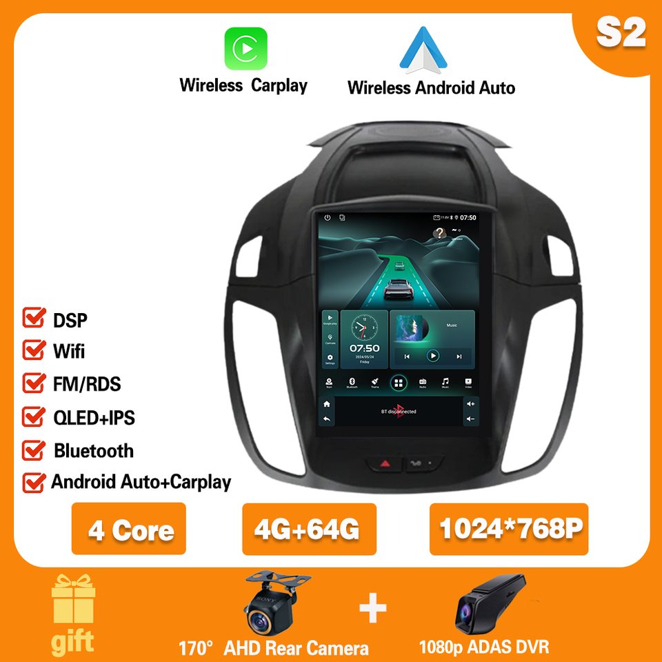 

9,7-дюймовый Android 14 для Ford C-MAX Kuga 2 Escape 3 2012-2019, беспроводной Carplay, автомобильный радиоприемник, стерео мультимедийный видеоплеер