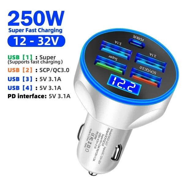 

Автомобильное зарядное устройство с 5 USB-портами, 250 Вт