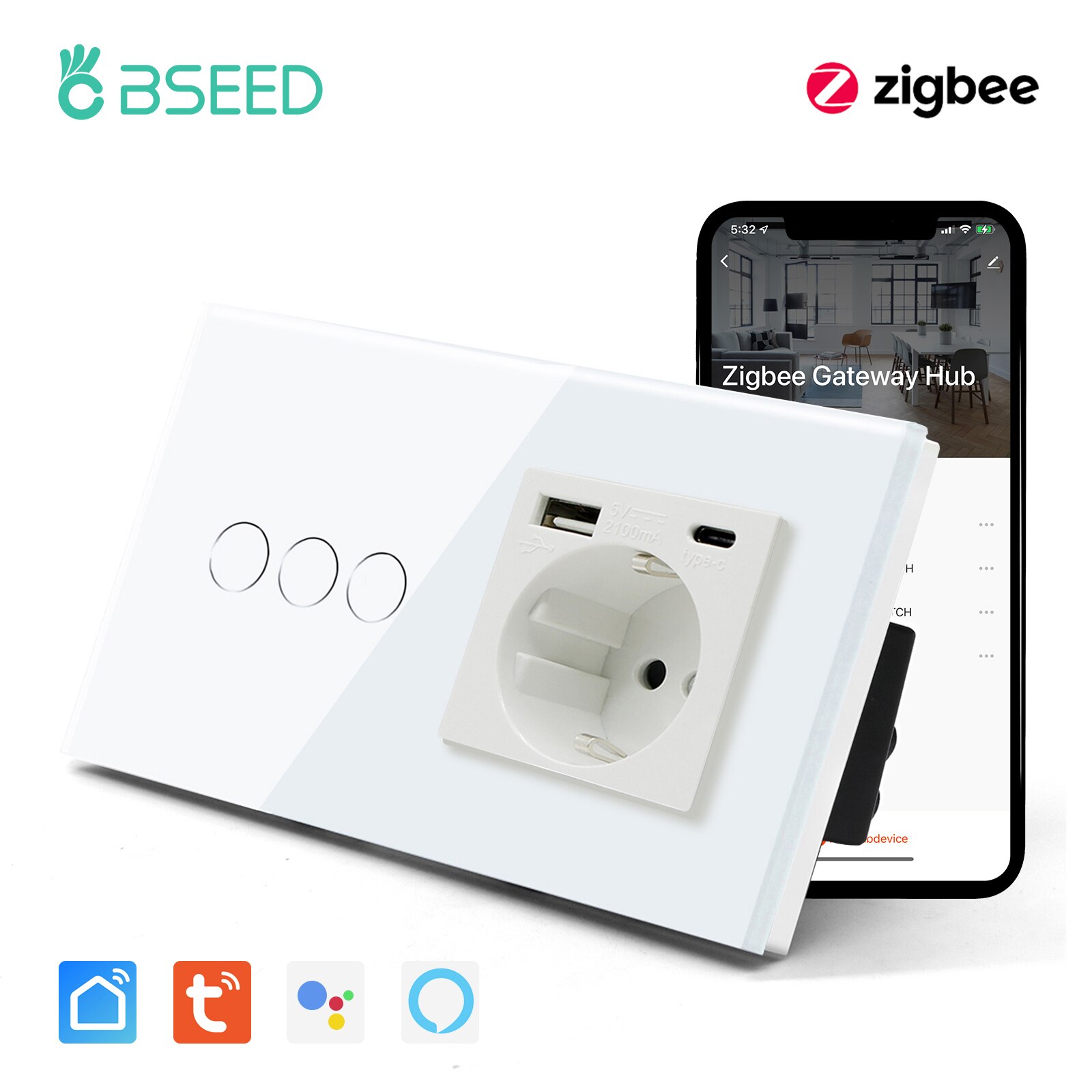 

BSEED Умный выключатель Zigbee 1/2/3 Gang с розеткой