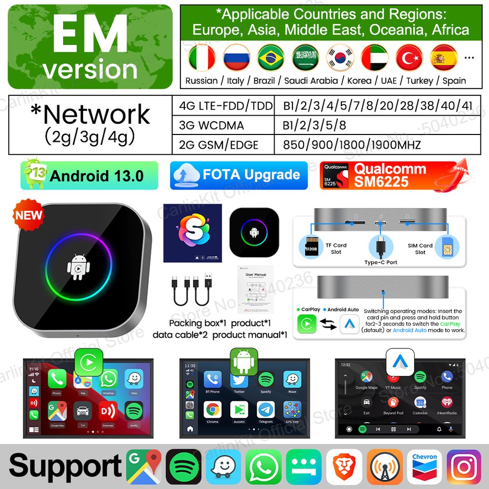 

Новый 2025 Carlinkit Android 13 CarPlay R2 Box Wireless CarPlay Android Auto TV Video Box Qualcomm SM6225 8-ядерный разделенный экран FOTA