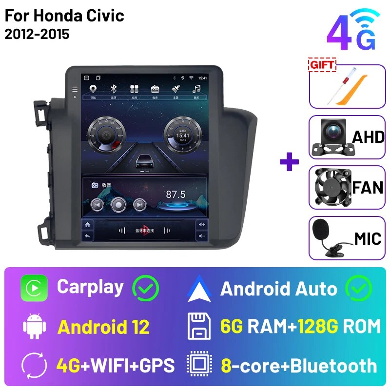 

Автомагнитола, мультимедийный видеоплеер для Honda Civic 2012-2015, автомобильный видеоплеер на Android, Carplay, в стиле Tesla, 2 din, стерео, GPS, 4G, Wi-Fi, DVD