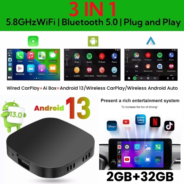 

Android 13 Carplay Ai Box Беспроводная Android Auto Smart TV Box Автомобильная интеллектуальная система WIFI Поддержка Netflix YouTube FOTA Обновление