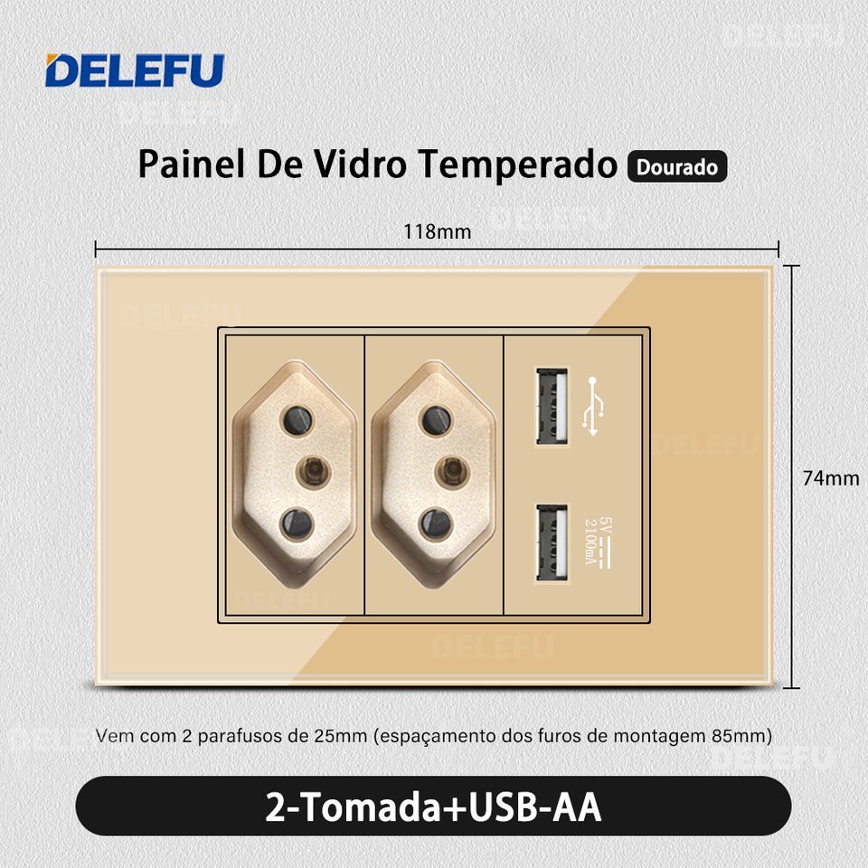 

DELEFU 4*2 золото закаленное стекло, бразильская стандартная розетка, двойной USB-разъем типа C, настенная розетка, выключатель света, Швейцария, 10A, 20A