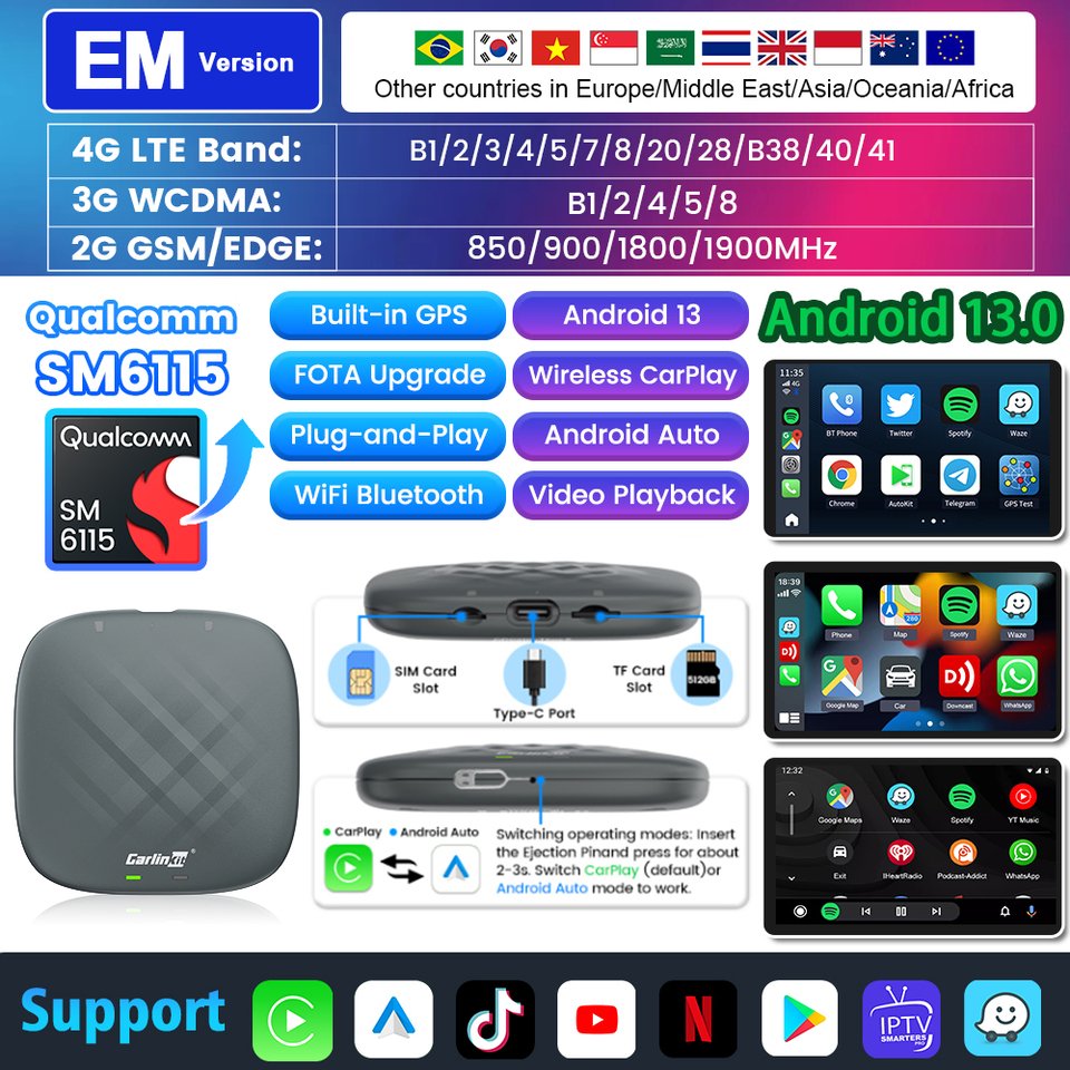 

Carlinkit CarPlay Mini Ai TV Box Andoroid 13, беспроводной CarPlay Android Auto для Audi Bmw Mazda Toyota 4G LTE 128G