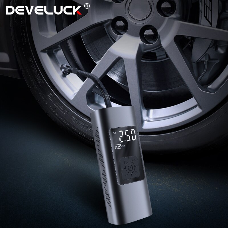 

Автомобильный воздушный компрессор Develuck, электрический насос для накачивания шин светодиодный Ной лампой для мотоцикла, велосипеда, шин, портативный надувной насос