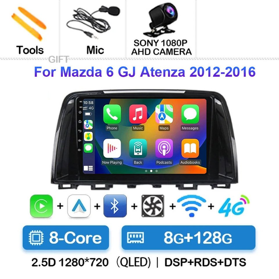 

Автомобильный мультимедийный плеер для Mazda 6 GJ Atenza 2012 2013 2014 2015 2016 Android 14 Carplay, автомобильное радио, видеоплеер, GPS-навигация
