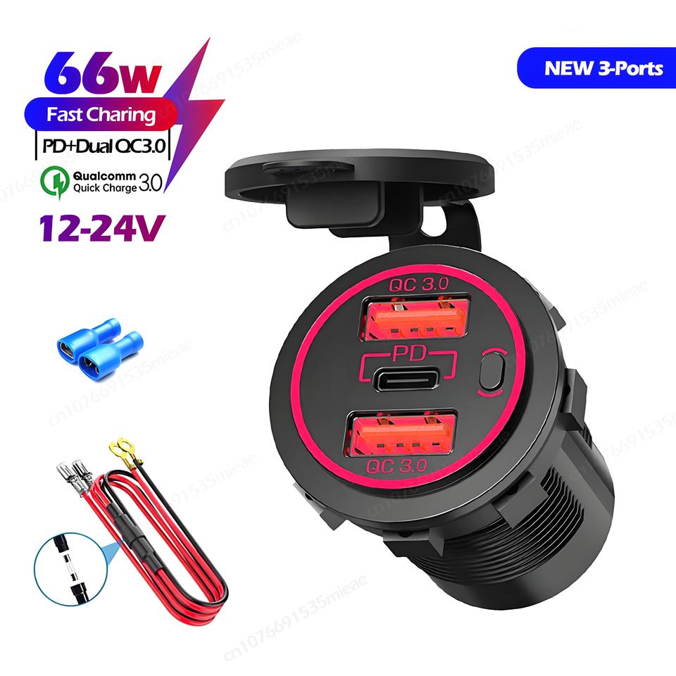 

Четырехпортовая USB-розетка 12 В с кнопочным переключателем, 96 Вт, двойная QC3.0 и двойная розетка PD3.0 USB-C для автомобильного зарядного устройства для мотоцикла на колесах, морского грузовика