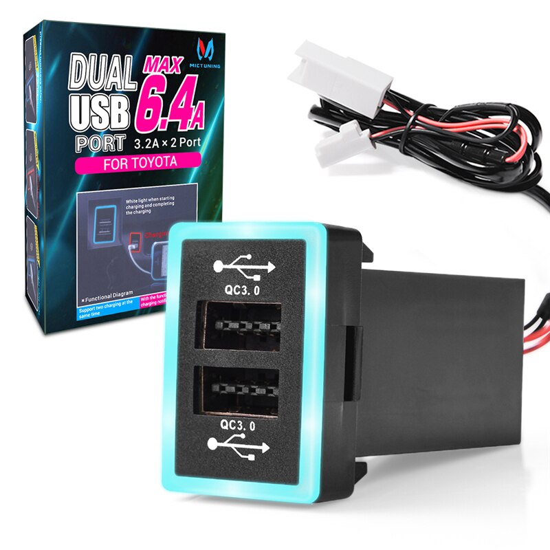 

Универсальное зарядное устройство MICTUNING с двумя портами USB 6,4A 12 24 В, автомобильное зарядное устройство с синим красным светодиодом, быстрое зарядное устройство Qualcomm 3.0 для Toyota