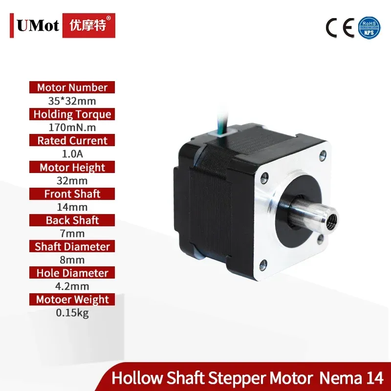 

UMOT DC Hybrid Nema14 Шаговый двигатель с микро полым валом и высотой 32 мм, ток 1,0 А, удерживающий момент 170 мН.м для клейовой машины с ЧПУ