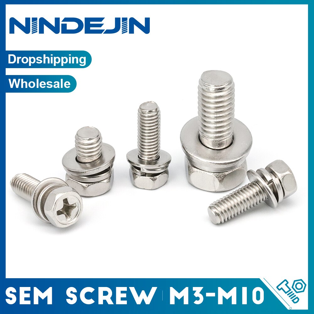 

NINDEJIN 5-30 шт Sems винт Phillips, Шестигранник головка винт с шайбой три M4 M5 M6 M8 Нержавеющая сталь метрический три комбинации винт