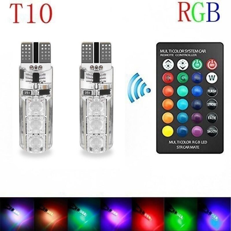 

2x T10 W5W 501 Автомобильная клиновая боковая лампа 12 В 6SMD 5050 RGB 7-цветная светодиодная лампа с дистанционным управлением, стробоскопическая вспышка с аккумулятором