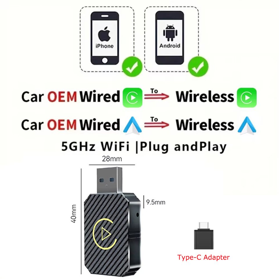 

Беспроводной адаптер CarPlay 2 в 1 и беспроводной адаптер Android Mini Auto, беспроводной адаптер Wi-Fi 5 ГГц Type-C/USB Plug & Play Carplay