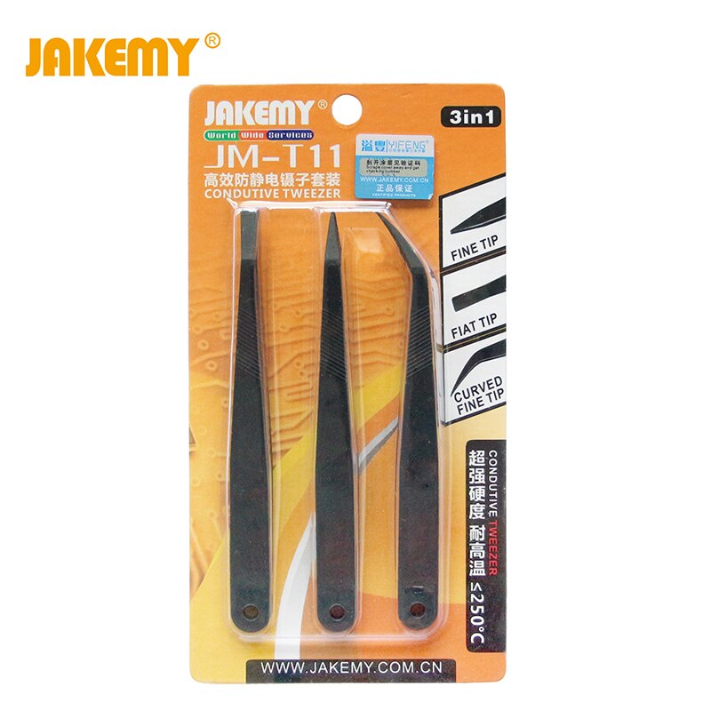 

Безопасные пинцеты 3 шт./лот JAKEMY ESD, точные изогнутые прямые пинцеты, электронные ремонтные ручные инструменты