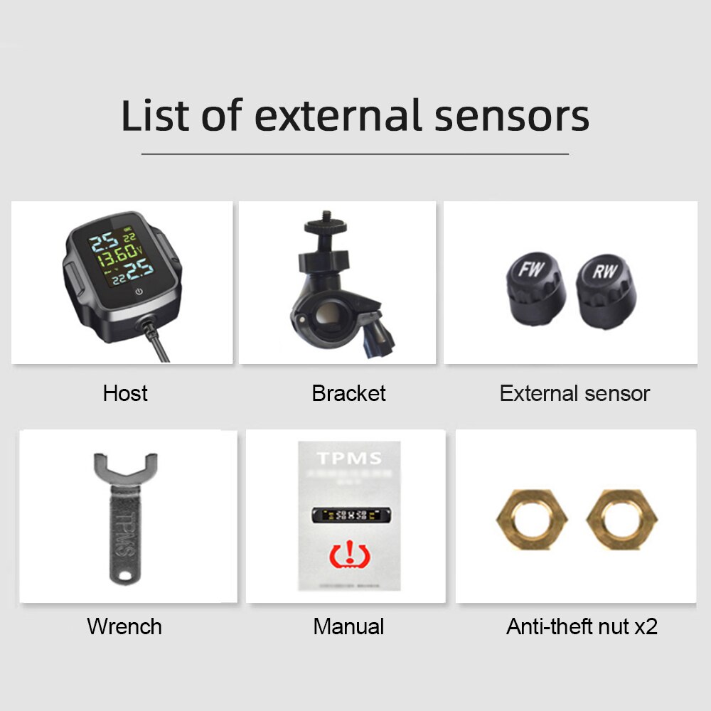 

Система контроля давления в шинах TPMS для мотоцикла, система оповещения о температуре в шинах с зарядным устройством USB QC 3,0 для телефона и планшета