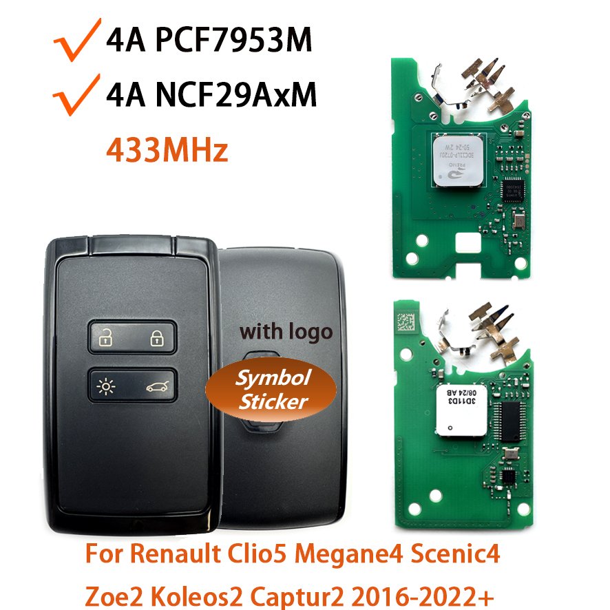 

4A PCF7953M NCF29AxM 433 МГц бесконтактный умный автомобильный дистанционный ключ для Renault Clio5 Megane4 Scenic4 Zoe2 Koleos2 Captur2 2016-2022+