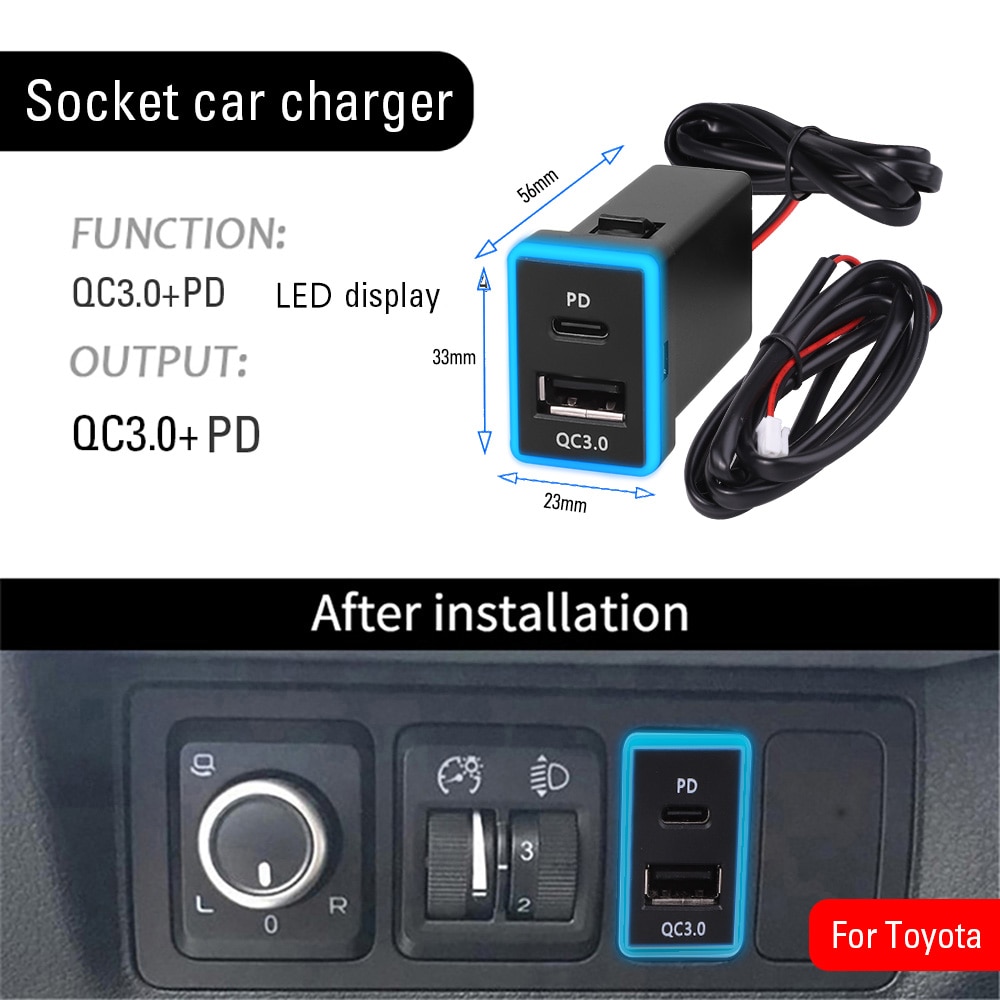 

Автомобильное зарядное устройство USB C PD QC3.0, двойная розетка для быстрой зарядки USB, 12 В, адаптер питания для зарядки мобильного телефона, розетка для Toyota BF