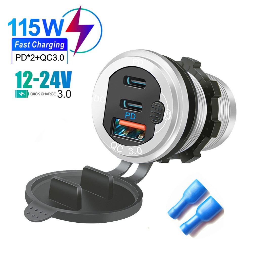 

Автомобильное зарядное устройство PD3.0 и QC3.0 Порты USB Type-c Водонепроницаемые со светодиодным сенсорным переключателем 115 Вт Быстрая зарядка Автомобильный мотоадаптер 12 В/24 В