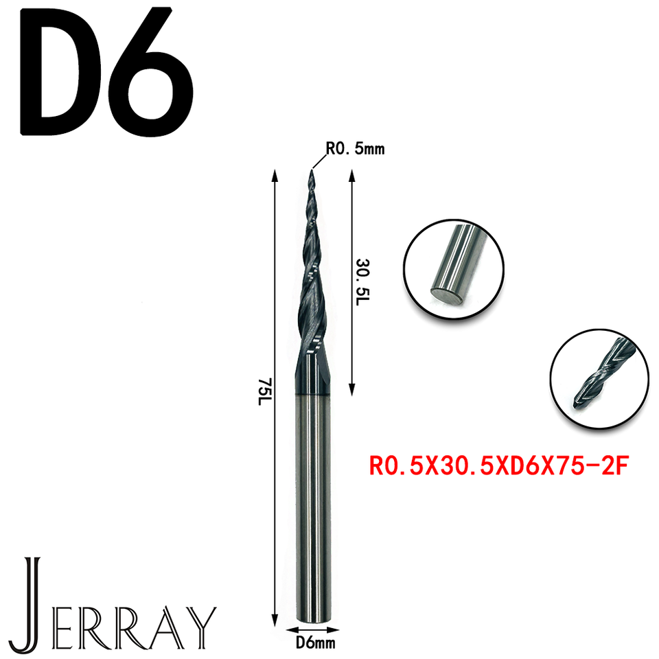 

JERRAY HRC55 2-флейтовые фрезы с ЧПУ, твердосплавные вольфрама, конические сферические концевые фрезы, 2D 3D фрезы для резьбы по дереву, фреза