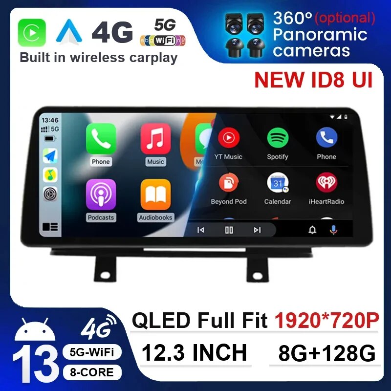 

12,3 ''QLED сенсорный экран ID8 Android 12 для BMW 1/2/3/4 серии F20/F21/F22/F30/F31/F32/F33/F34/F36 NBT CIC EVO беспроводной Carplay