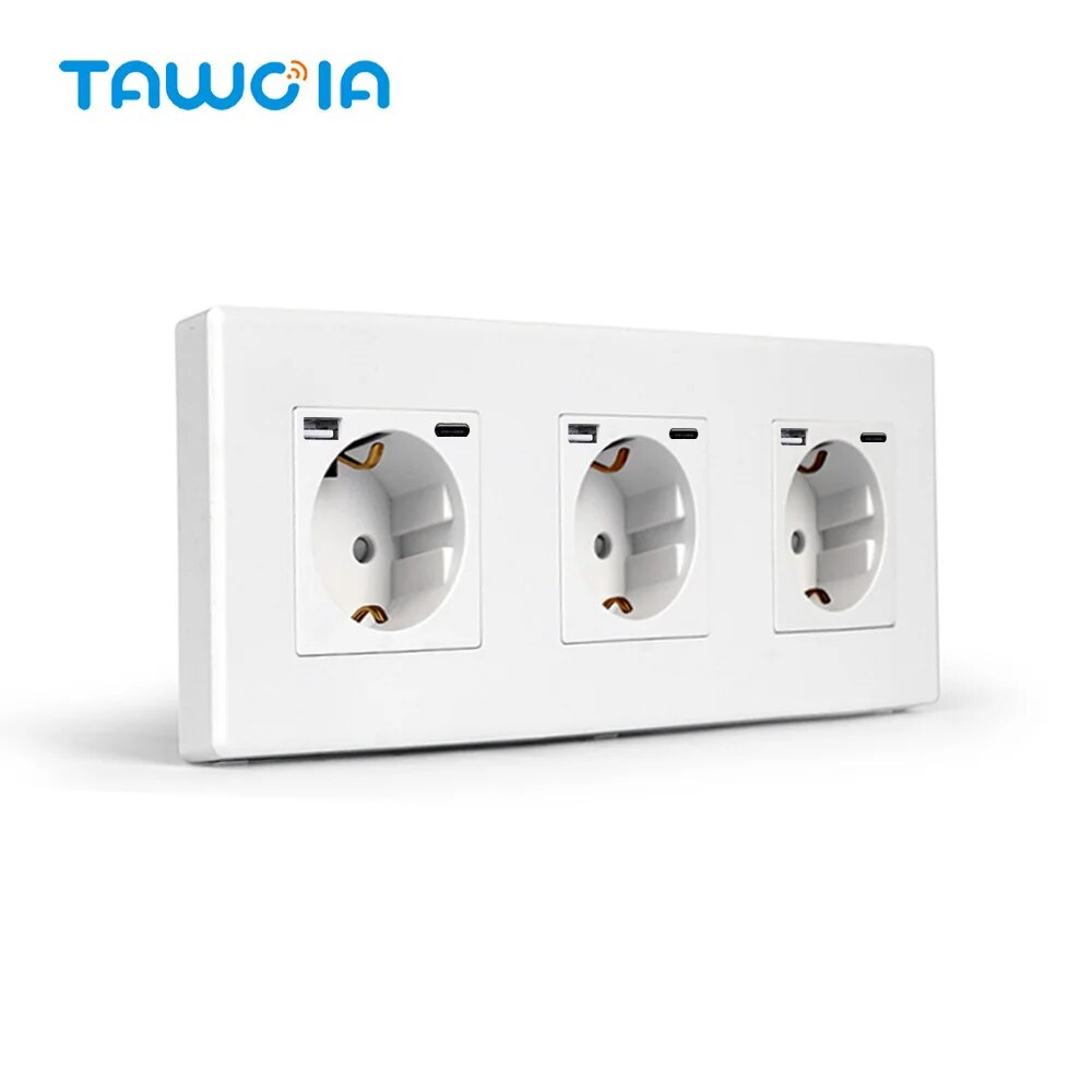 

TAWOIA Розетки европейского стандарта Розетка 16А USB-розетка Тип-C Зарядка Тройная настенная розетка ПК Рамка настенная с защитной дверцей 110-250 В